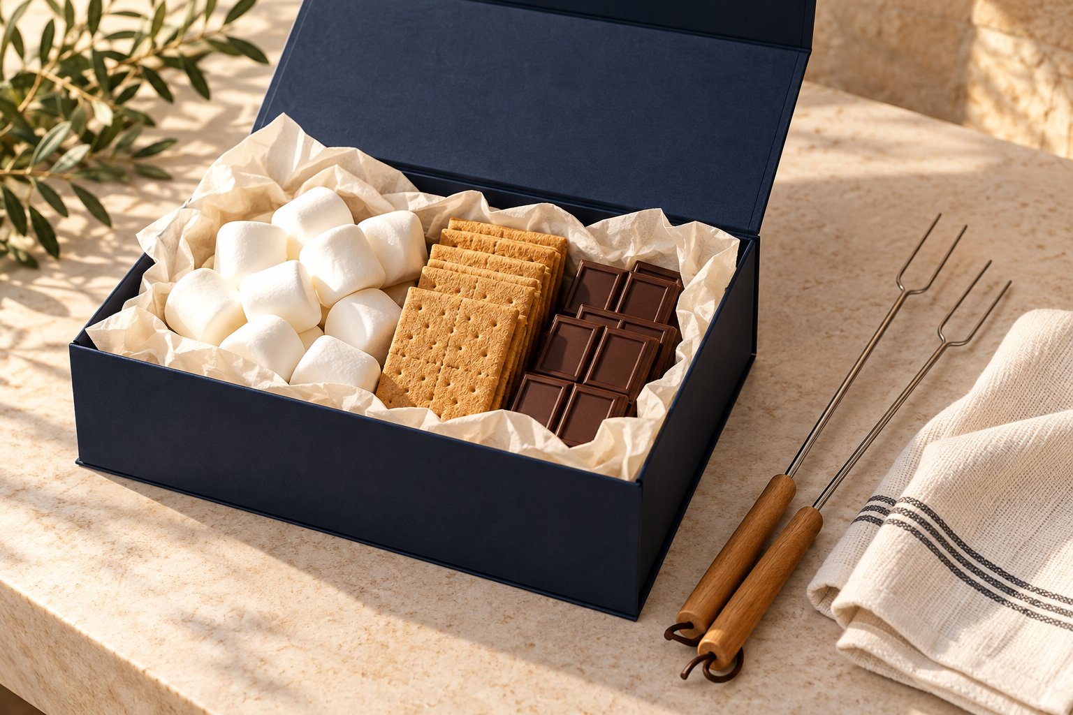 Illustrative navy gift box with s'mores ingredients and roasting sticks